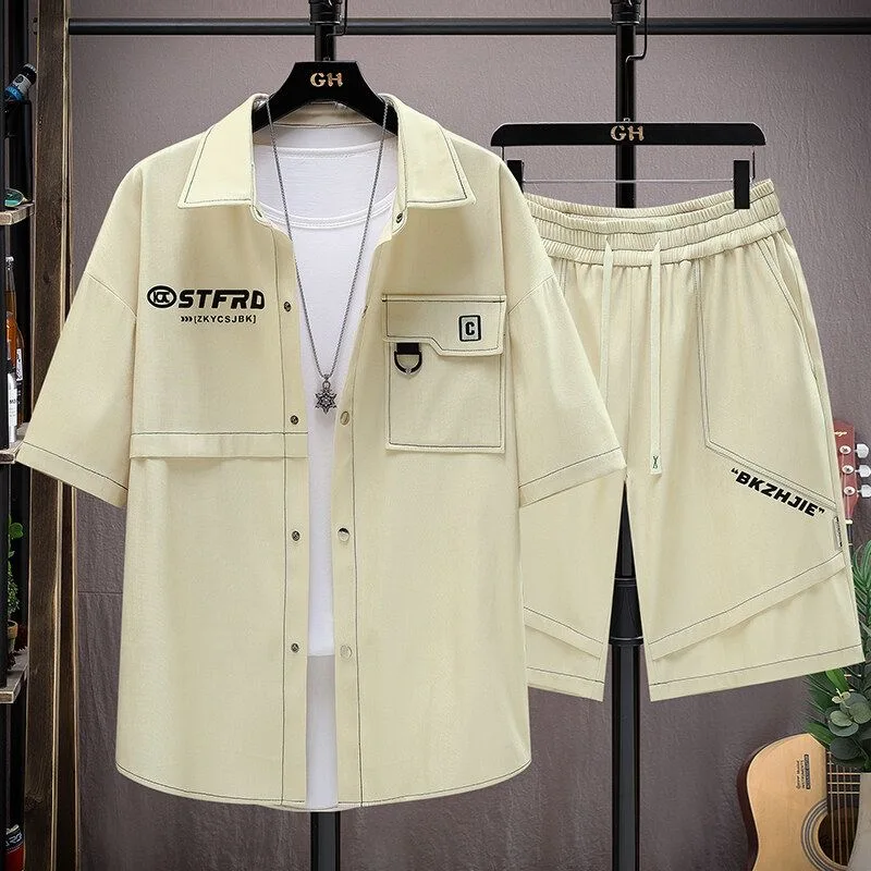 New Summer Classic Fashionable Sports Fitness Breathable Short Sleeve Shirt Set Men's Casual Loose Plus Size Two-Piece Set - view 2