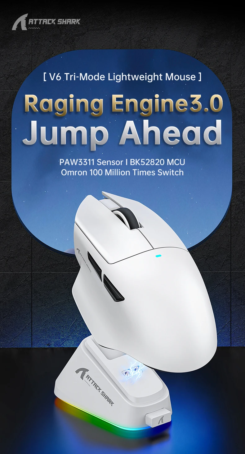 

V6 Attack Shark Three-mode Mouse 1K Hz PixArt PAW3311 Sensor,RGB Magnetic Fast Charging Dock,25000 DPI,Three Color Options