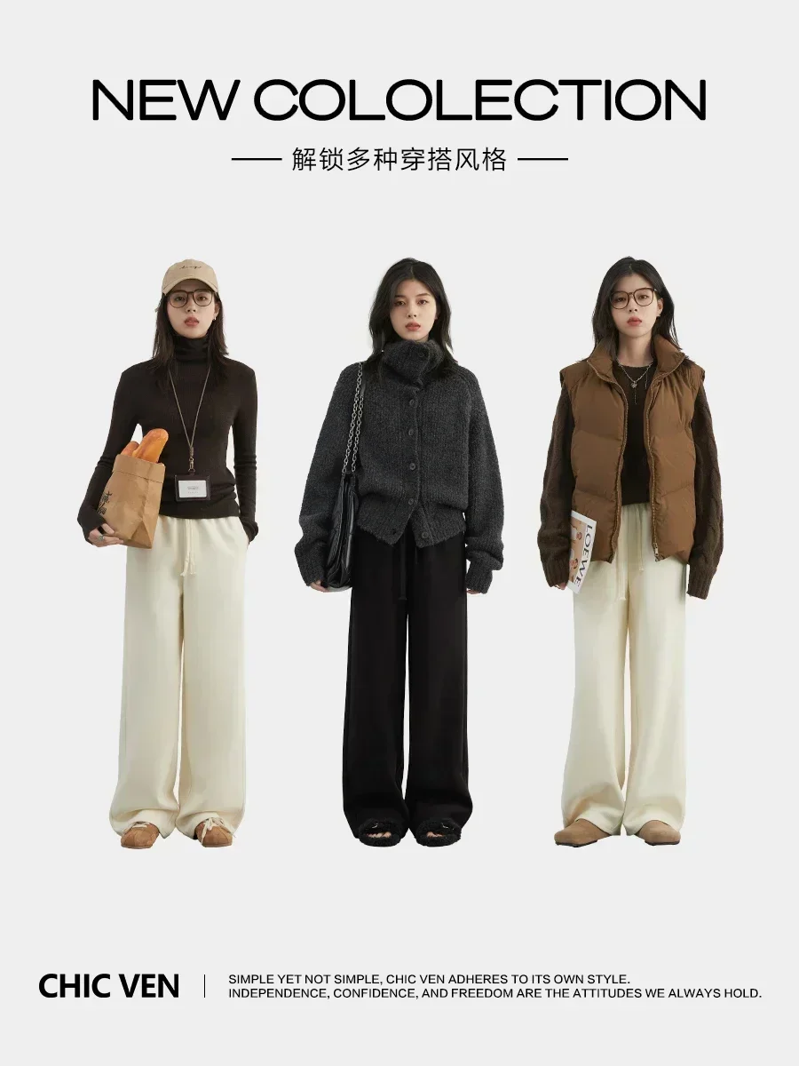 CHIC VEN Women's Casual Pants Loose Solid New Elastic Waistband Drawstring Female Wide Leg Floor Trousers Autumn Winter 2024