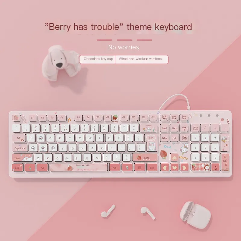 Kawaii Wired Keyboards Pink Wireless Keyboard Gaming Accessories Cartoon Cute Chocolate Mute Keyboard Notebook Desktop Computer