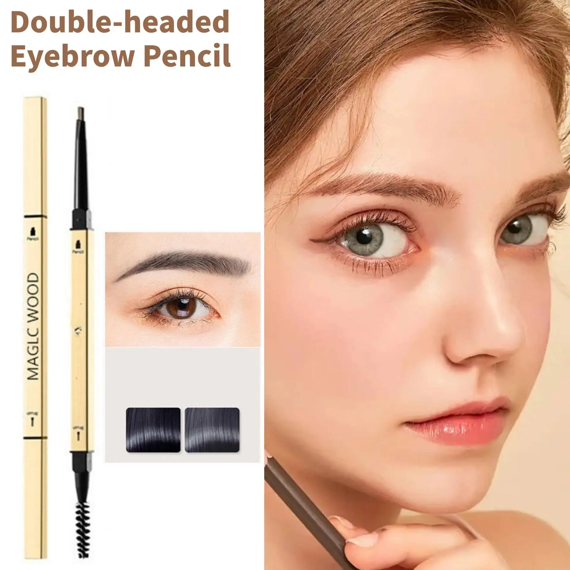 Lápiz de cejas de doble cabeza con barra dorada pequeña, resistente al agua, duradero, no se decolora, suave, no irritante, Mackup