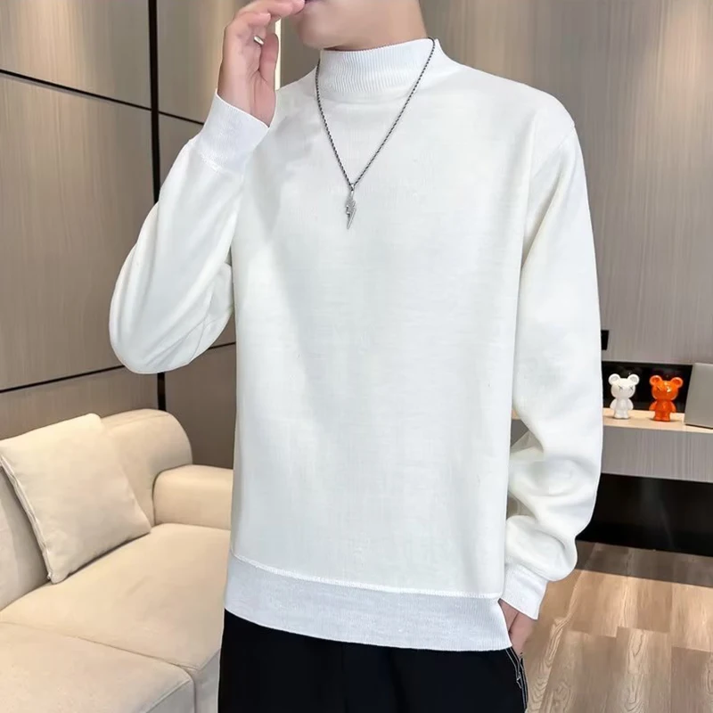 

New Versatile Dark Grey Sweater Men Fleece Lined Thickened Long Sleeve Knit Pullover Sweater Autumn Winter Thermal Warm Sweater