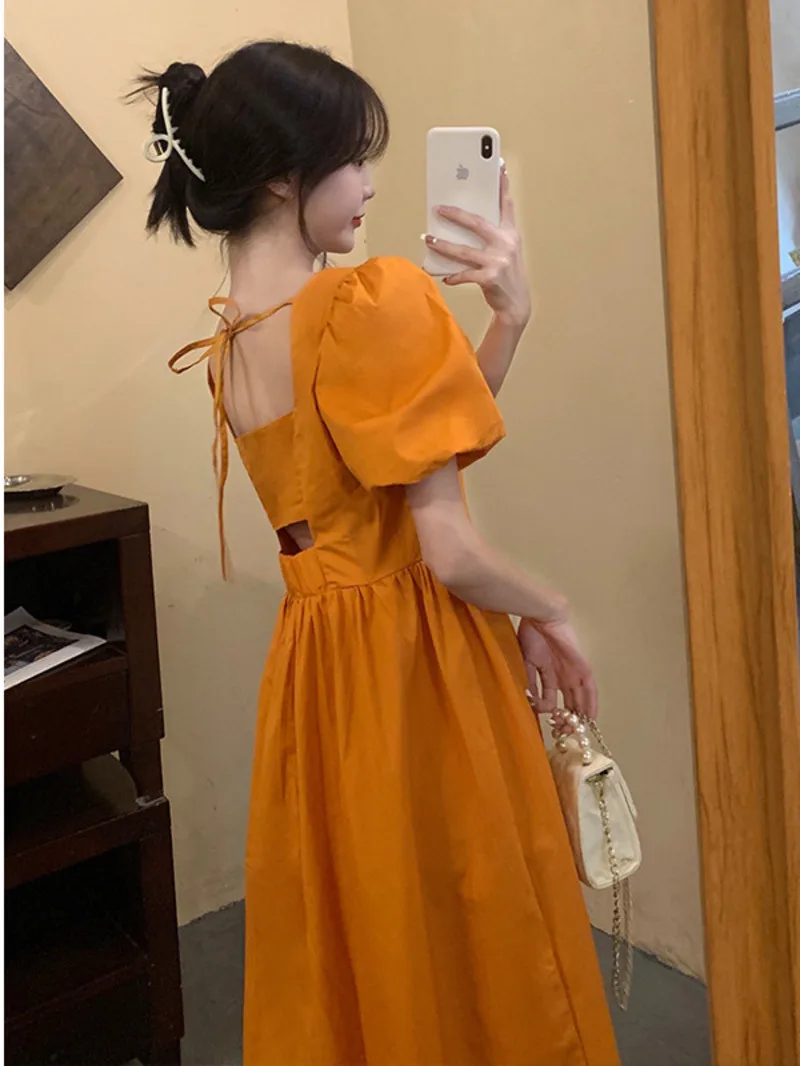 

French temperament dress women's summer love backless small square neck bubble sleeve Platycodon grandiflorum Dress Medium 19P1