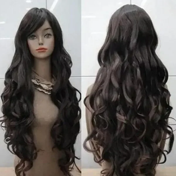 80cm Fashion Women Long Dark Brown Curly Cosplay Costume Hair Wigs Heat Resistant