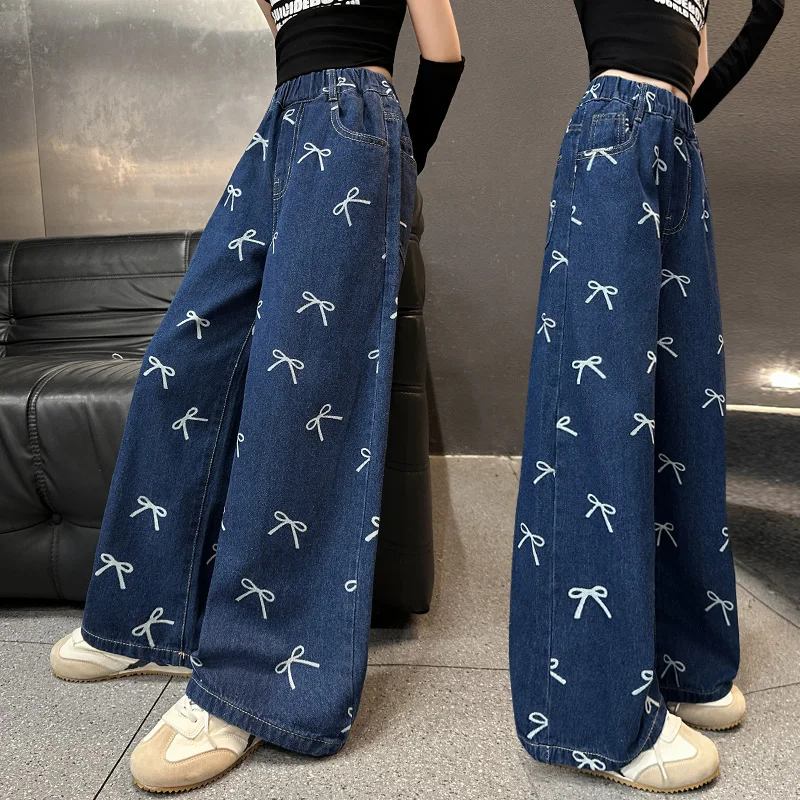 

025 Autumn Children's Bow Printed Jeans Winter Girls' Wide Leg Pants Elastic Waist School Sports Pants