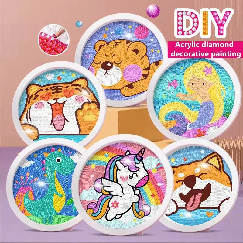 Round frame unicorn diamond painting kitten children\'s handmade dinosaur creative diamond stickers tiger diy point diamond paint