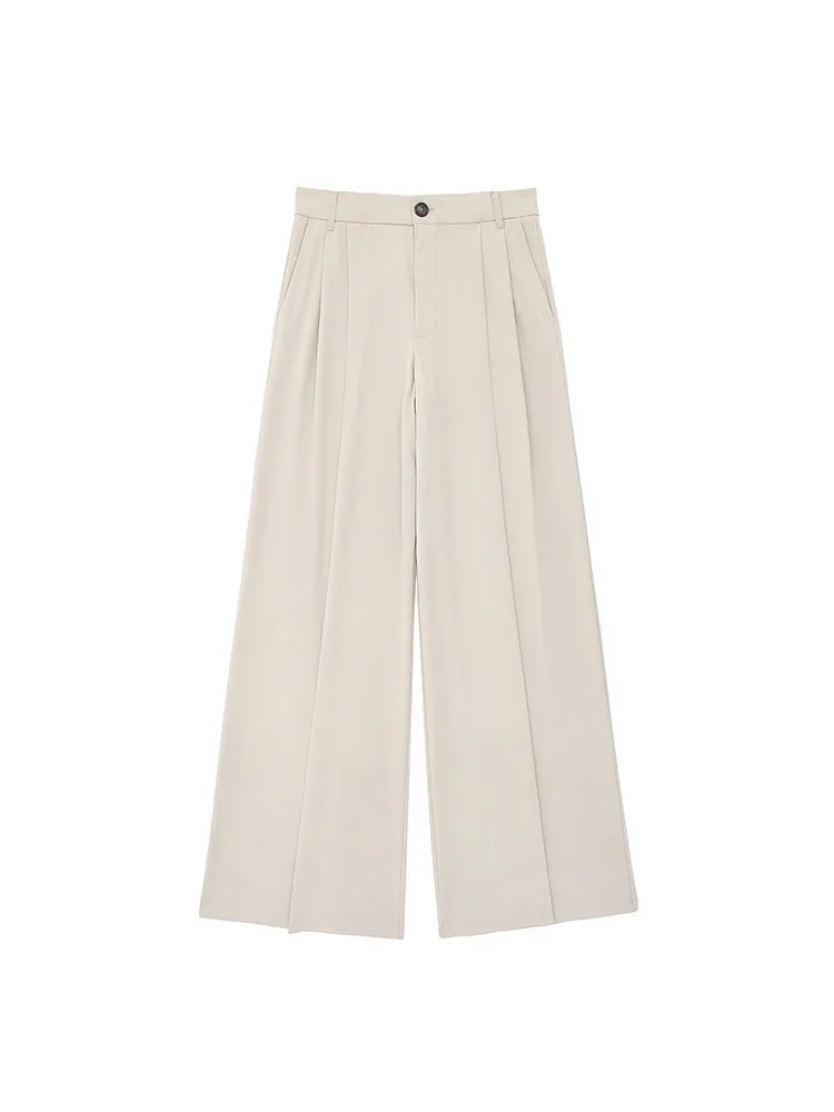 กางเกงทำงานผู้หญิงทรงเรโทรเอวสูงแบบมีซิป แต่งกระเป๋าจีบ ขากว้าง เหมาะสำหรับใส่ทำงานหรือใส่เที่ยวช่วงฤดูร้อน