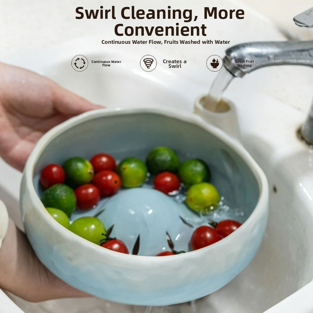 Ceramic Berry Swirl Bowl Automatic Rotating 360° Vortex Berry Colander Bowl Self Spinning Drainage Hole Berry Washing Bowl