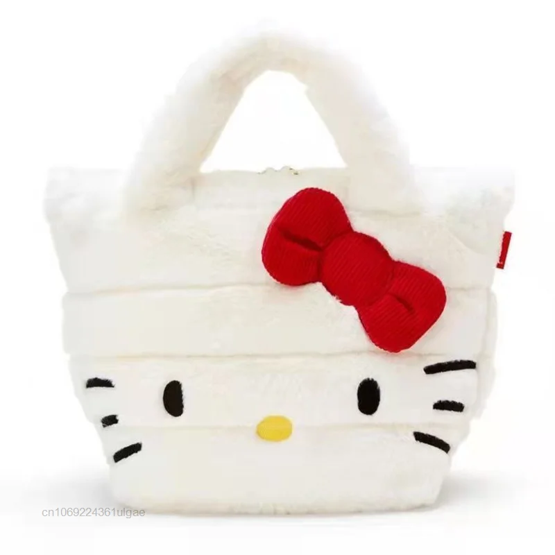 Sanrio Hello Kitty nowa zimowa konstrukcja torba na co dzień kobiety miękka luksusowa kokardka węzeł pluszowe torebki Y2k Cartoon Lolita Kawaii duże torba z rączkami