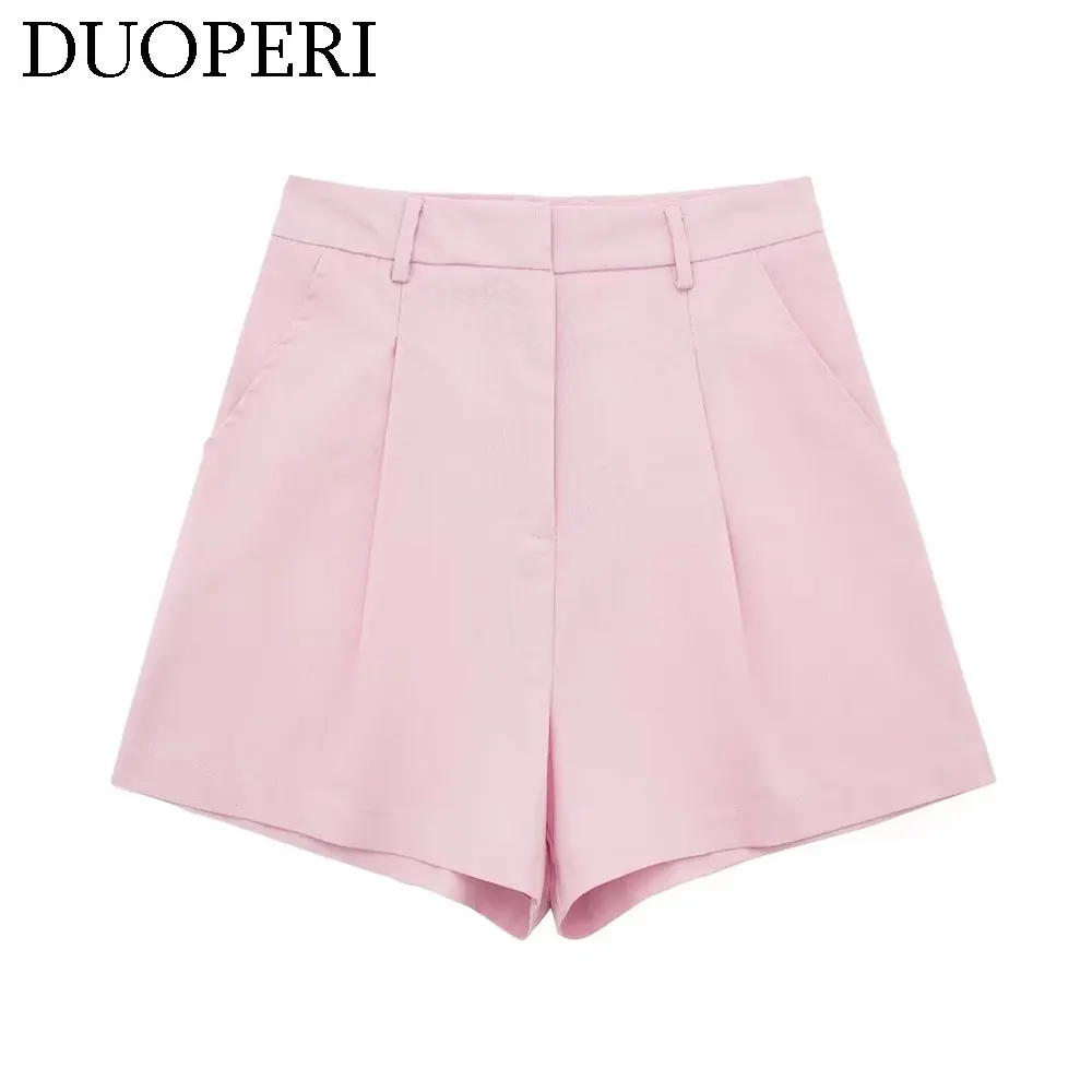 DUOPERI Women Fashion Plain Linen A-Line Suit Shorts Front Zipper Female Chic Lady Casual Basic Short Pants