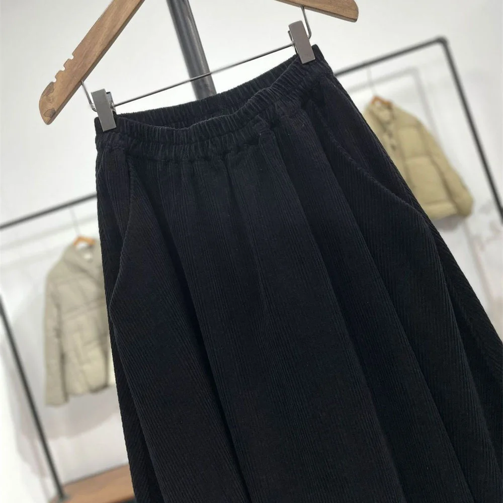 Vintage Cord-Midirock für Damen, mit elastischem Bund, A-Linie, brauner Rock mit Taschen, Herbst/Winter, lässiger Vintage-Langrock für Frauen – Detail 3