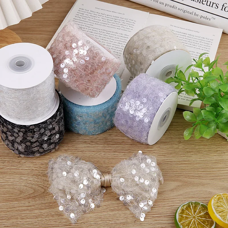 5Yards Tulle Ribbon with Shiny Sequin for Clothing Sewing DIY Hair Bows Hat Decor Craft Accessories Chiffon Mesh Ribbon Lace