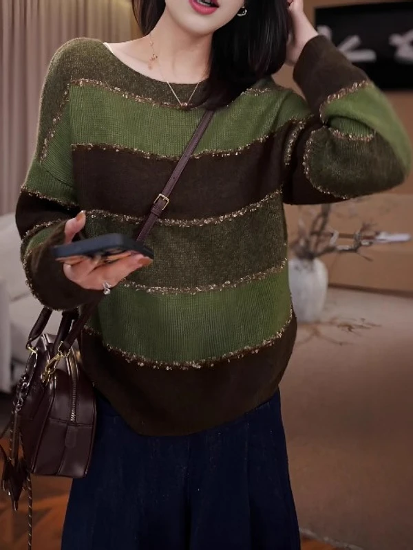 เสื้อไหมพรมทรงหลวม คอกลม ลายทาง สไตล์วินเทจ สำหรับผู้หญิง ไซส์ใหญ่ รุ่นใหม่ ฤดูใบไม้ร่วง ทรงเข้ารูป