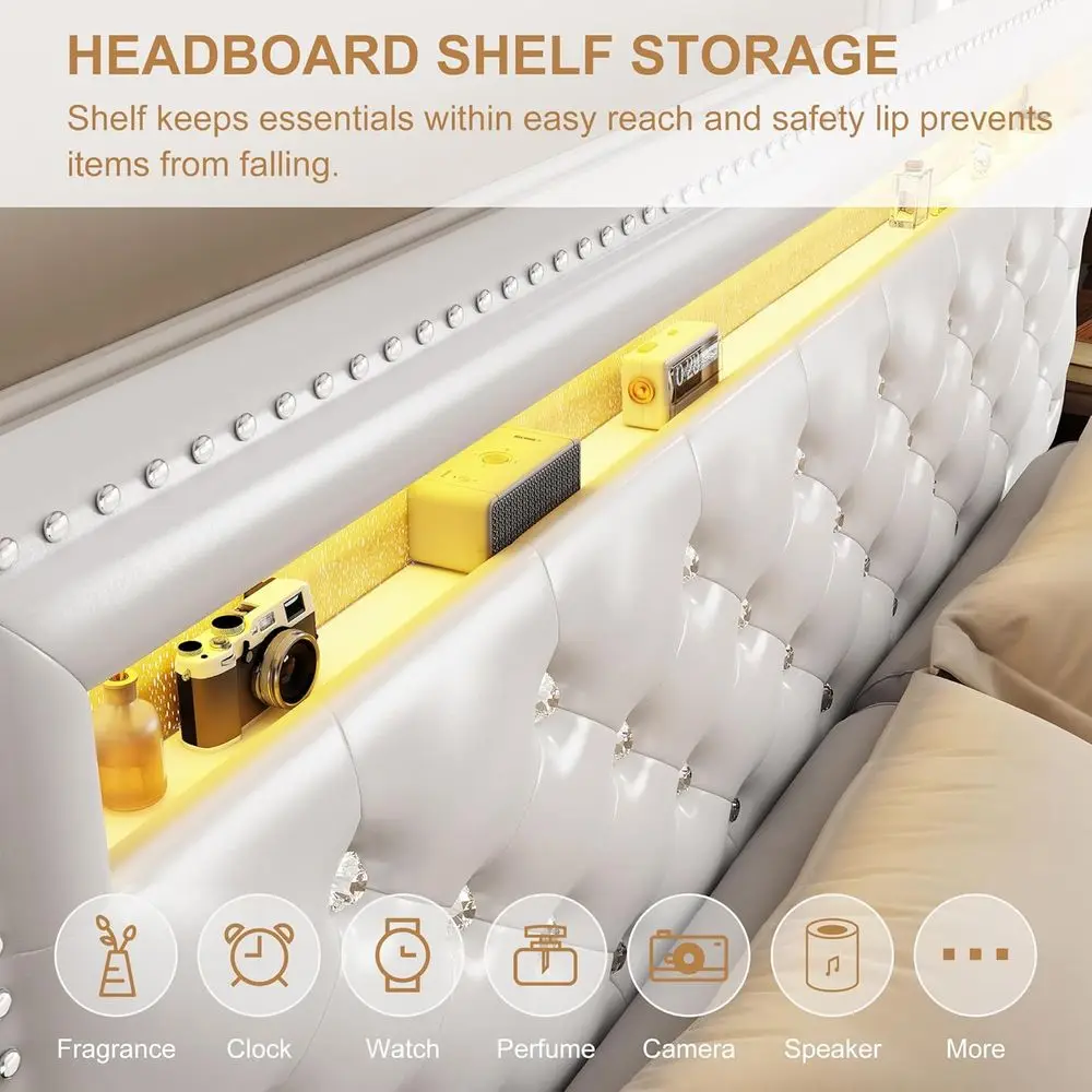 سرير كوين من جلد البولي يوريثان الأبيض مع درجين، ودعم شريحة قابل للتعديل، وخياطة ماسية