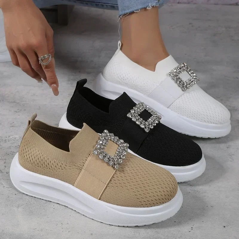 Breathable Single Shoes for Women with Low Top Square Buckle Rhinestone Sleeve Ootboard Shoes for Women with Low Top 2024