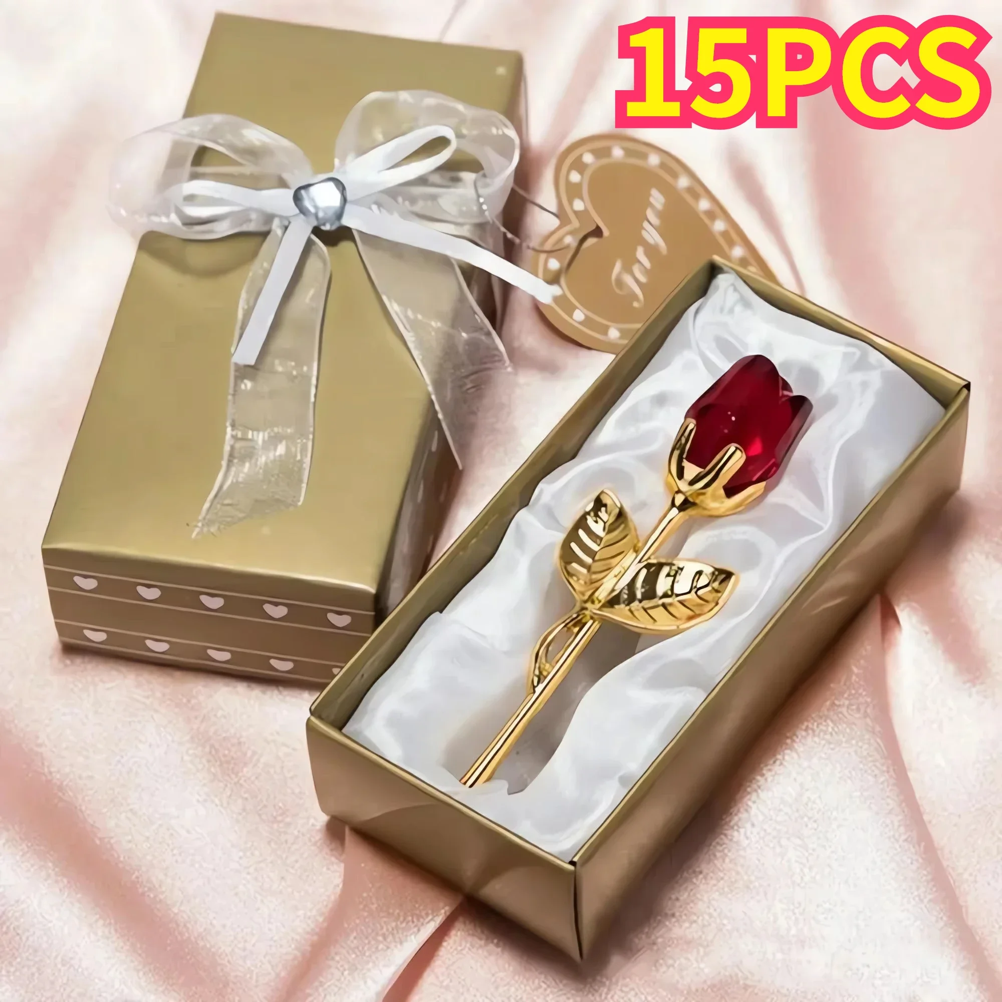 15Pcs Crystal Glass Rose Flower Figurines Craft Artificial Flower with Box Valentine'S Day Wedding Favors Lovers Gift Souvenir