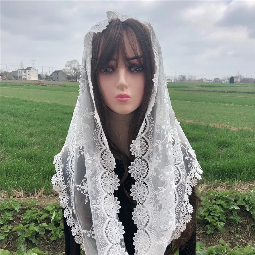 White Women\'s Lace Catholic Veil Mantilla for Church Head Covering Scarf 3D Flower Mass Voile Shawl Kerchief Dentelle Infinity