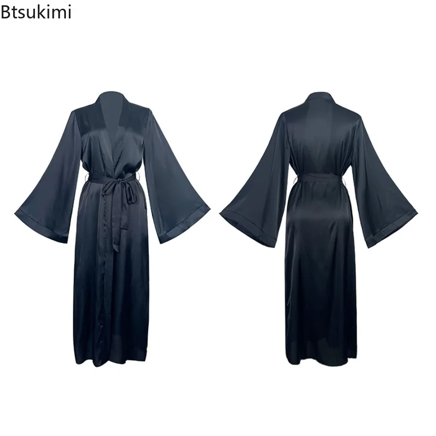 New 2025 Women's Nightgown Satin Kimono Robe Full Length Silky Bath Robe Lady Long Sleeve Nightgown Sleepwear Wedding Bridesmaid