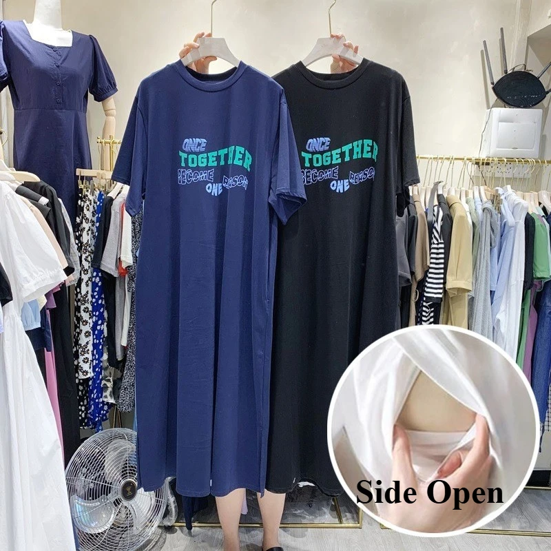 Summer Breastfeeding Long Dress Side Open Baby Breastfeeding Clothes Korean Short Sleeve Loose T-shirt Dress Maternity Clothes