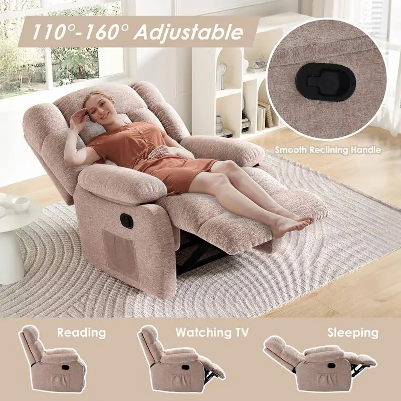 كرسي هزاز مريح مع جيب جانبي، قابل للتعديل 110 ° -160 ° كرسي أريكة فردي منجد مع مسند للقدمين #3
