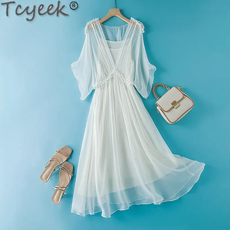 Imagem -02 - Tcyeek 2023 Summer White Dress Lady Slim Dress Real Silk Vestidos Elegantes para Mulheres Roupas Praia Vestido Midi Vestido Feminino