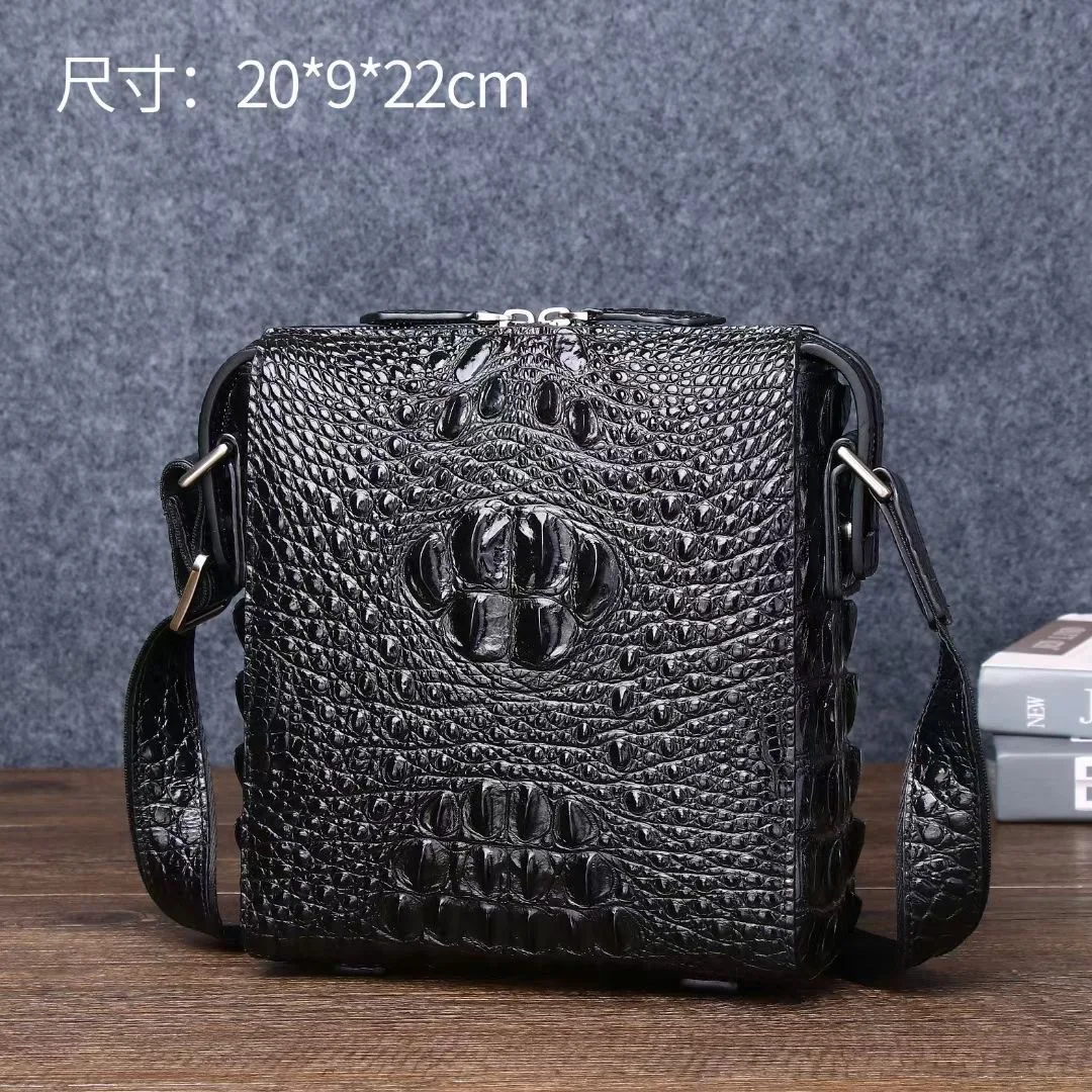 New genuine leather men's bag shoulder bag, high-end business crocodile bone crossbody bag, small square bag, fashionable casual