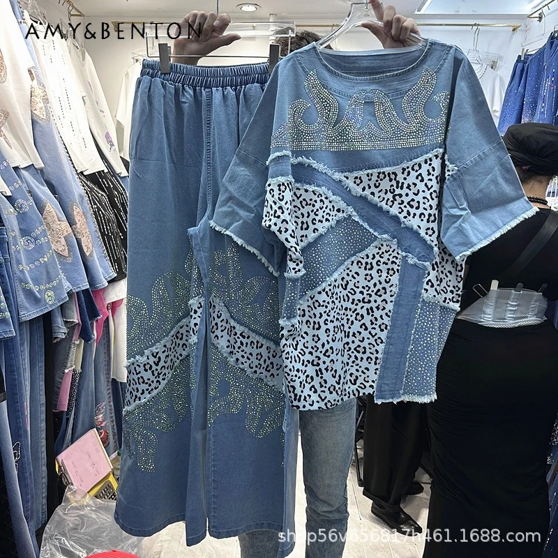 

Spring Summer New Outfit Rhinestone Leopard Print Patchwork Denim Short-sleeved T-shirt + Elastic Waist Wide-leg Long Pants Set