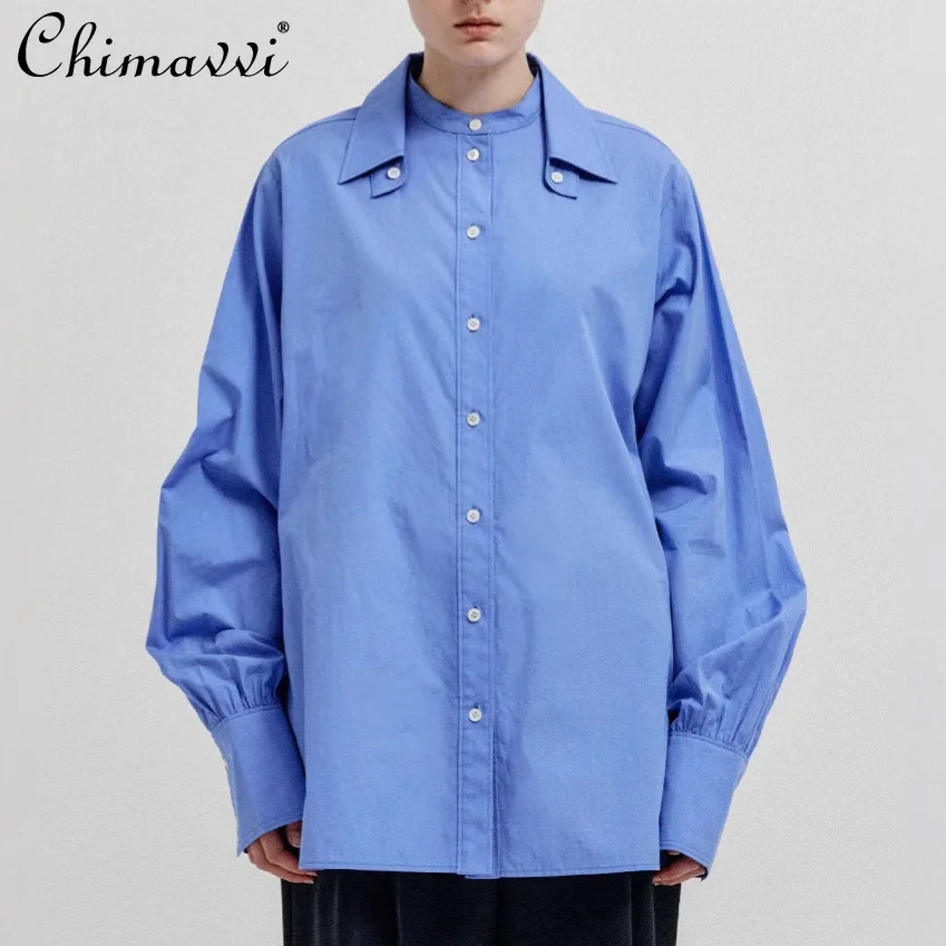 American Fashion Commuter Double Collar Long Sleeve Single Breasted Loose Versatile Temperament Blue Shirt Blouse Women Autumn