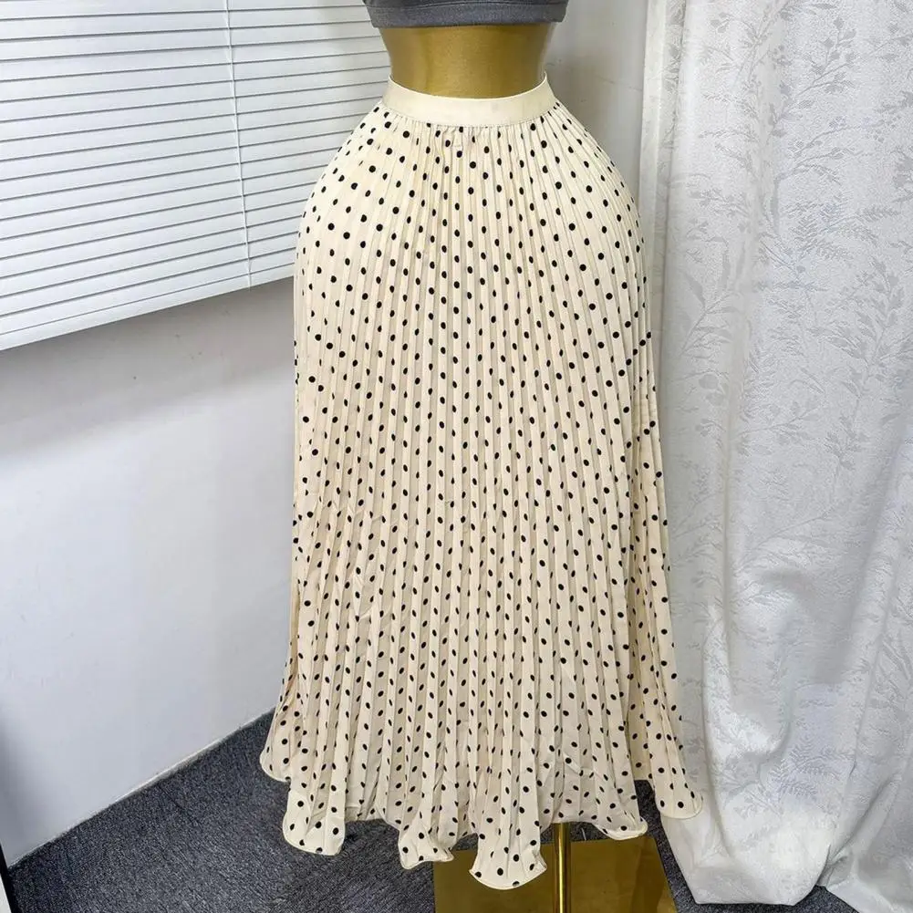 

High Waist Skirt Women’s High Waist A-line Maxi Skirt Pleated Dot Print Long Skirt Elastic Waist Hem for Work Leisure