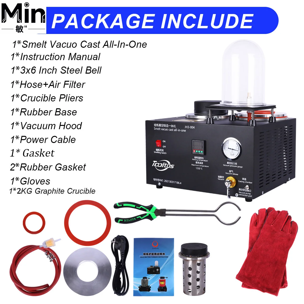 1150℃ Vacuum Metal Casting Furnace Digital PID Control Gold Silver Copper Melting Machine Jewelry Making Equipment