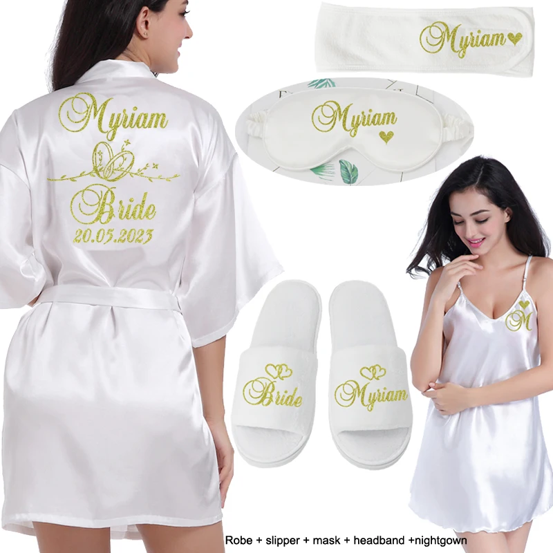 Aangepaste logo bruiloft datum naam badjas kunstzijde bruids gewaad bruid bruidsmeisje bruiloft gewaden vrouw Bachelorette Preparewear