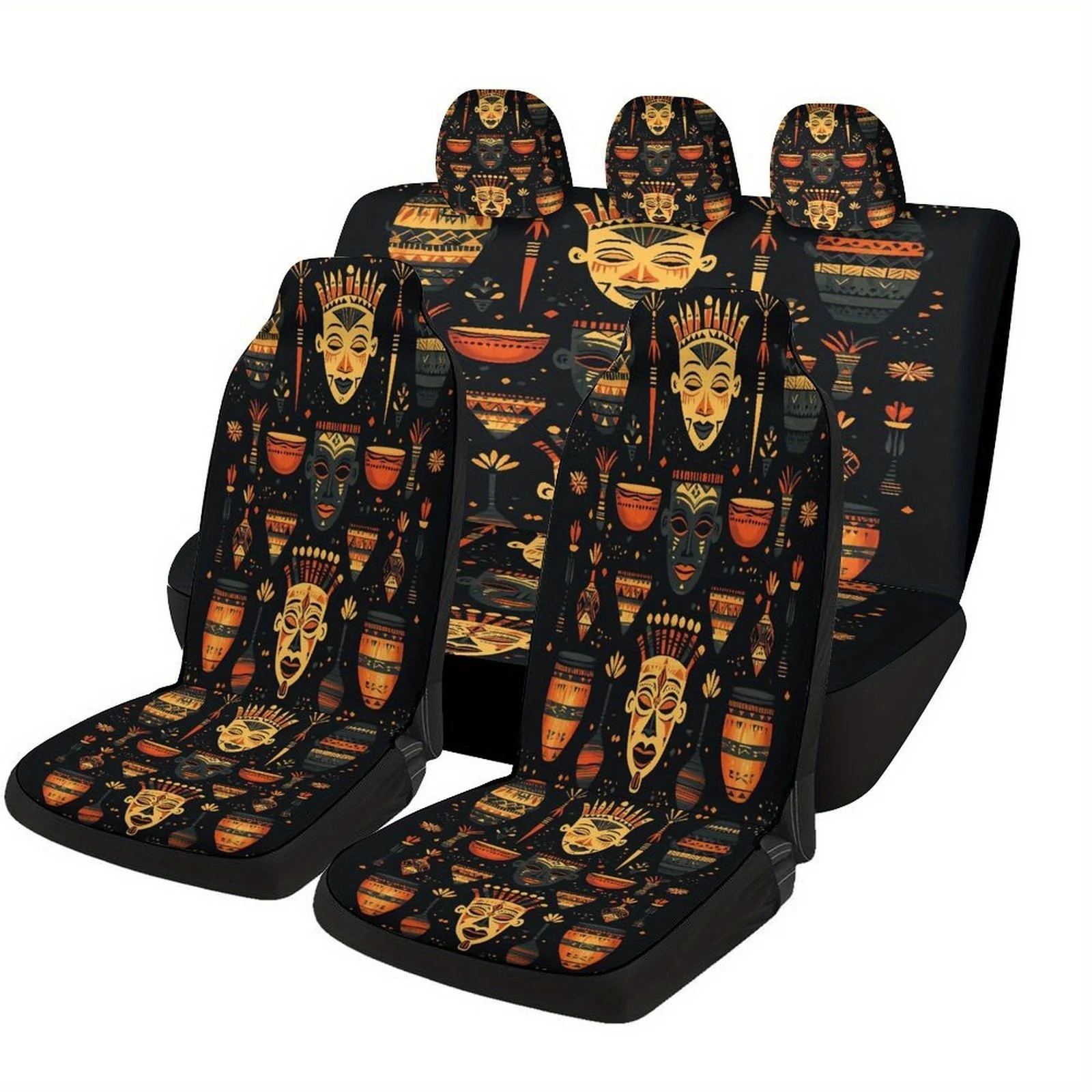 African Masks Art Themed Car Seat Cover Set For Most Cars, Trendy Novelty Car Seat Protector Covers Full Set, Car Seat Covers F