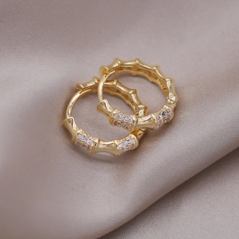 Korea new design fashion jewelry 16K gold plated simple zircon bamboo small hoop earrings elegant women's daily work accessories