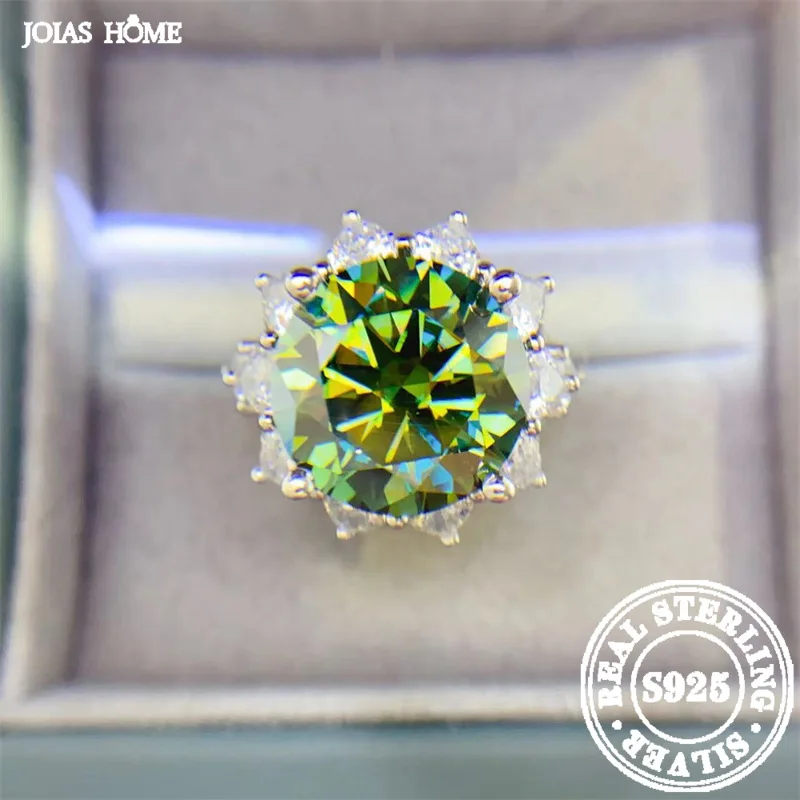 JOIAS HOME Silver 925 D Color 10 Carat Green Moissanite Ring Moissanite Luxury Women's Diamond Wedding Ring Proposal Ring