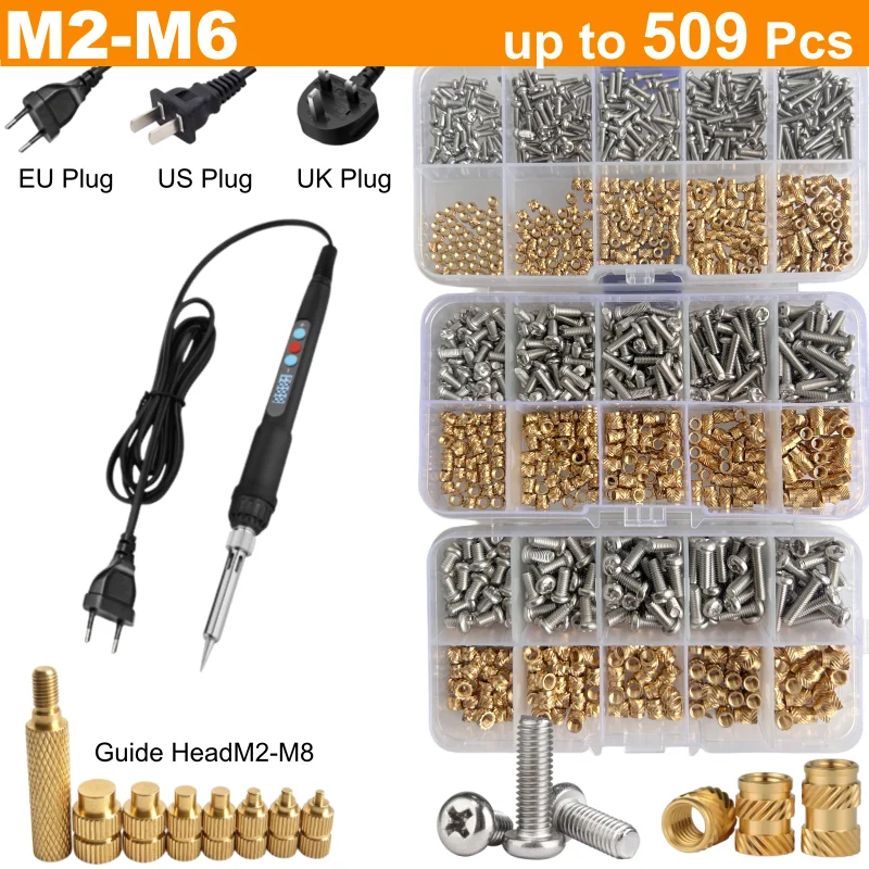 Heat Set Insert Soldering Iron Tips Kit, M2 M3 M4 Brass Hot Melt Thread Insert Tips for 3D Printing Plastic Embedded Nut