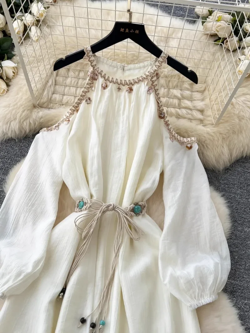 Nuovo abito da vacanza lungo da spiaggia sexy abito longuette da vacanza donna vintage allentato con spalle scoperte manica a lanterna abito da fata a vita