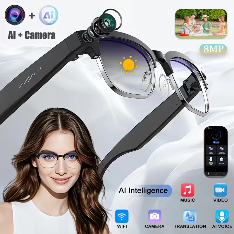 New 800W Smart Video Glasses with Camera, 1080P HD Video Recording, 4K Resolution, Featuring Photochromic Lenses