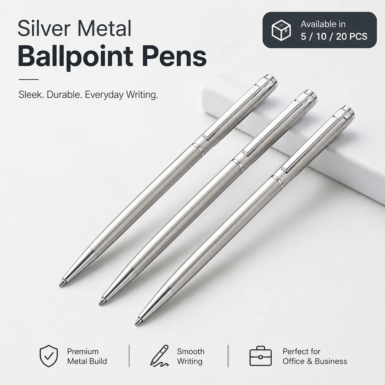 Bolígrafos de acero inoxidable, bolígrafos de escritura de punta media de metal plateado, bolígrafos de escritura suave para oficina y escuela, 5/10/20 piezas