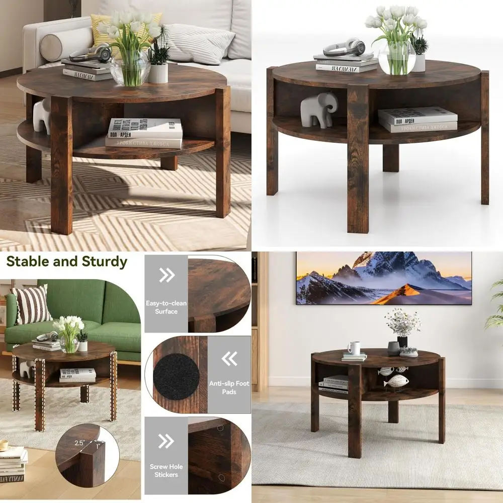

2-Tier Storage Coffee Table with 4 Side Drawers, Rustic Brown for Small Spaces
