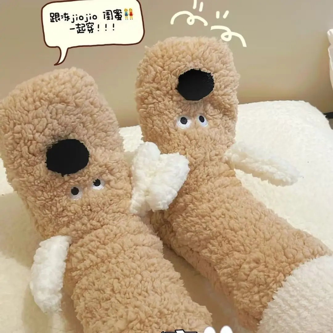 جوارب شتوية نسائية جديدة برسوم كارتونية لتدفئة الساقين من صوف شيربا، جوارب نوم سميكة ودافئة مع قدم لاصقة مانعة للانزلاق #3