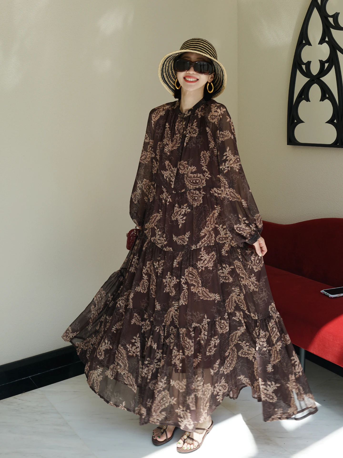 

Classical Romantic Paisley Print Long Sleeve Draping Dress Loose Slimming Long Skirt French Style Spaghetti Strap Chiffon Dress