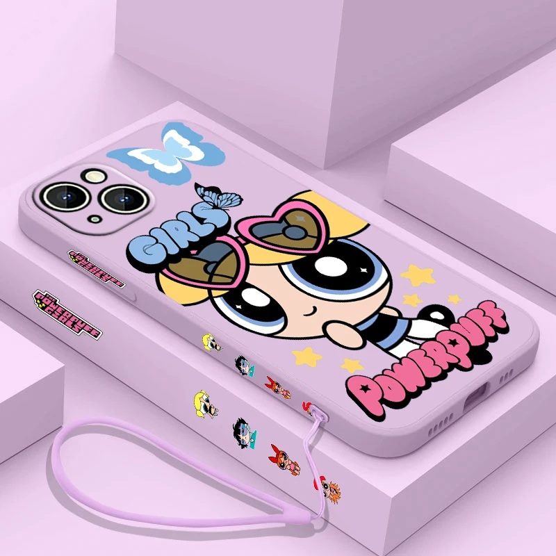 Cute Funny P-Powerpuff Girls Phone Case For Apple iPhone 15 14 13 12 11 Pro Max Plus 8 7 SE Liquid Left Rope Capa Cover