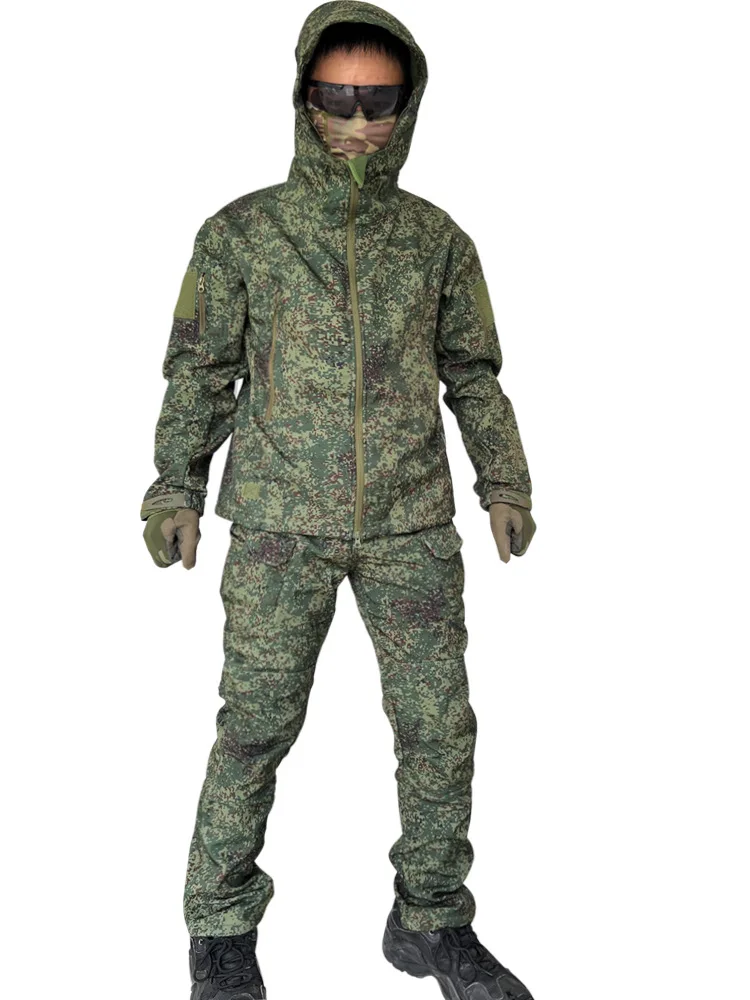 Mens Camo Tactical Sets Sharkskin Waterproof Hooded Zipper Jackets Multi-pocket Softshell Outdoor Pants Winter Fleece Cargo Suit