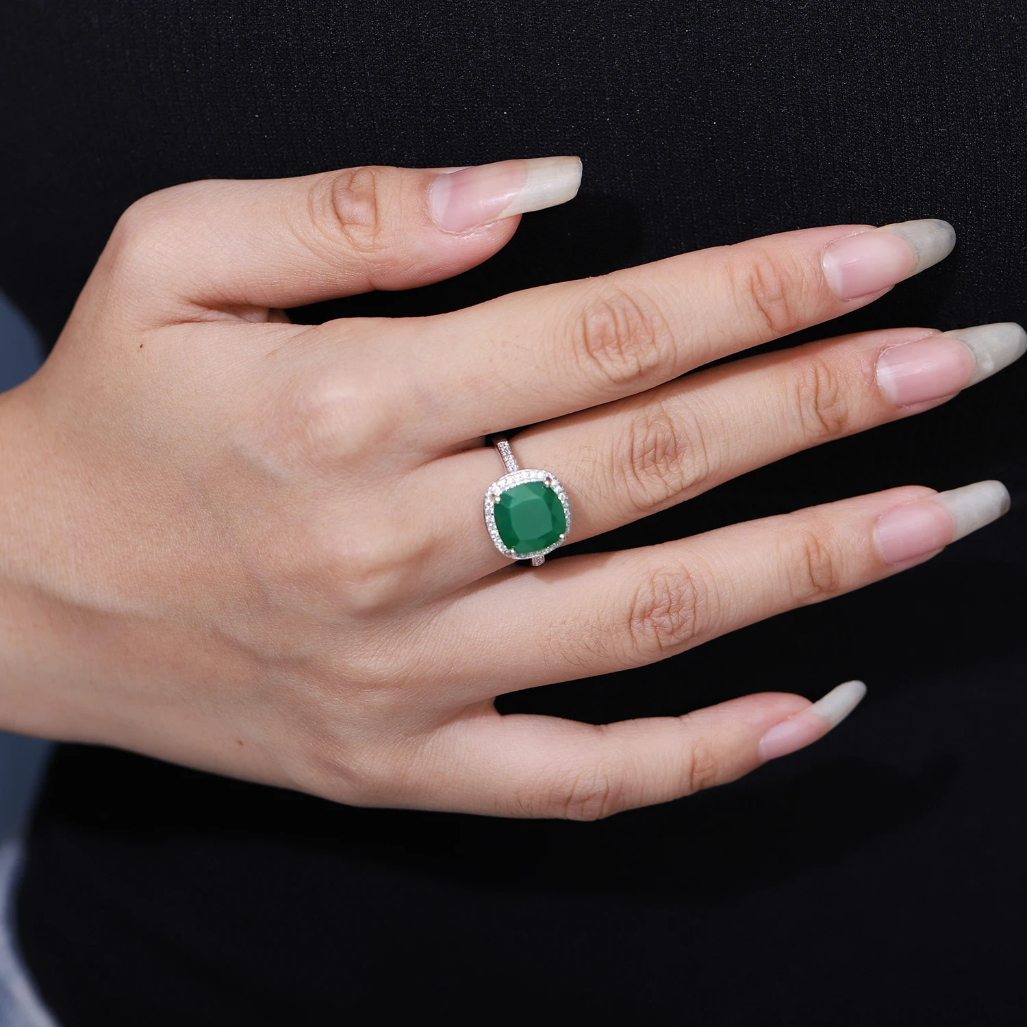 GEM\'S BALLET Natural Green Agate Stud Earrings Ring Pendant Set 925 Sterling Silver Natural Gemstone Fine Jewelry Set For Women