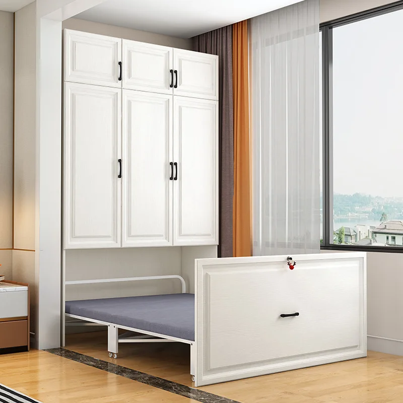 Modern simple balcony invisible bed wardrobe integrated telescopic single bed folding small apartment solid wood lunch