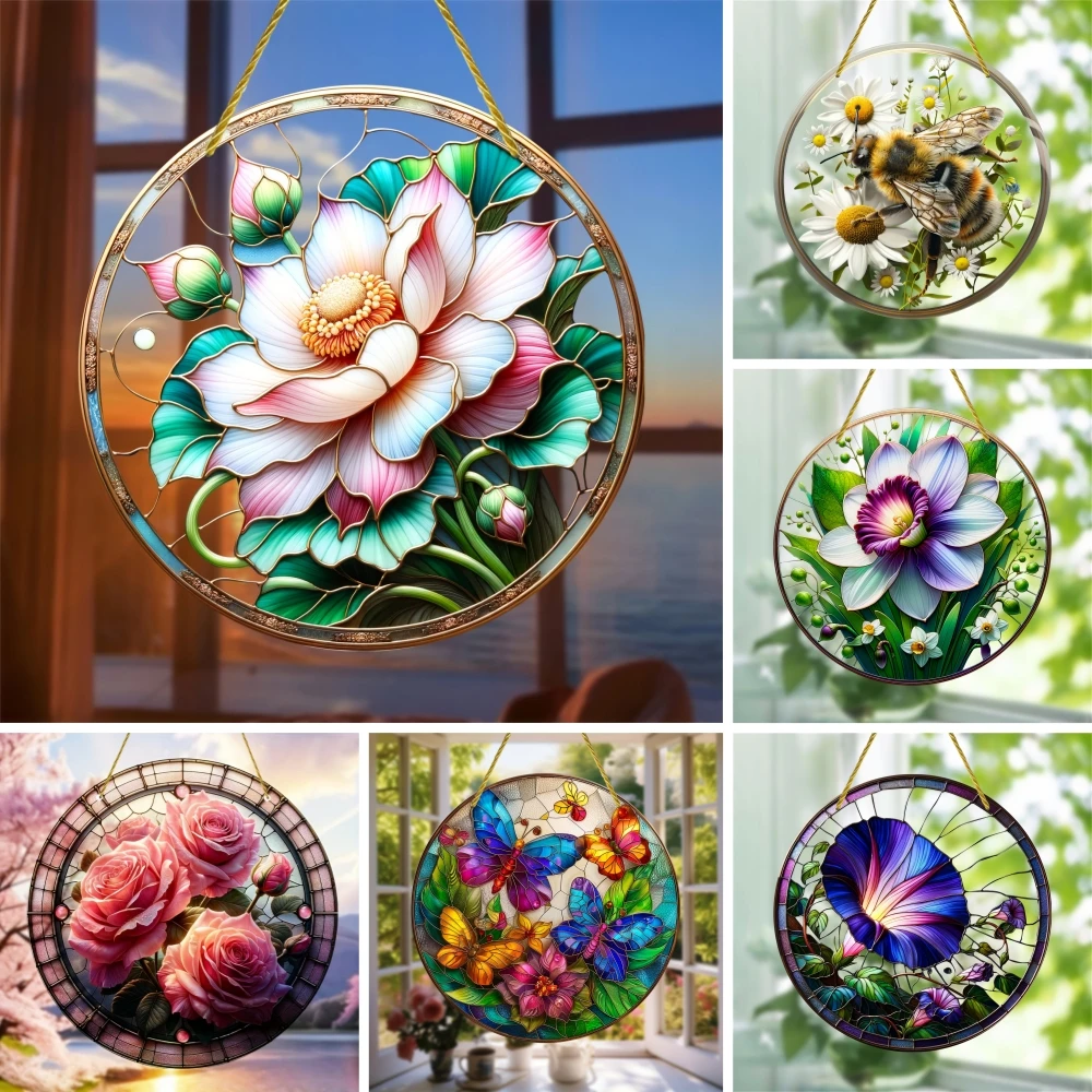 Flower Suncatcher, Stained Window Hanging, Acrylic Sign, Winter Decor, Round Sign, Wreath Sign, Wreath Center, Christmas Gift