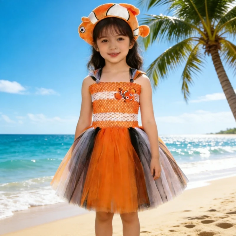 

Baby Girls Orange Clownfish Tutu Dress for Kids Christmas Birthday Cartoon Outfits with Bow Child Ocean Fish Halloween Costumes