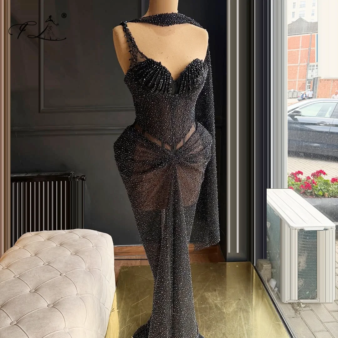 Abito da ballo sexy con cinturino irregolare Abito a sirena Abito da sera aderente con paillettes in pizzo nero Abito da ballo lungo Donna Party Night