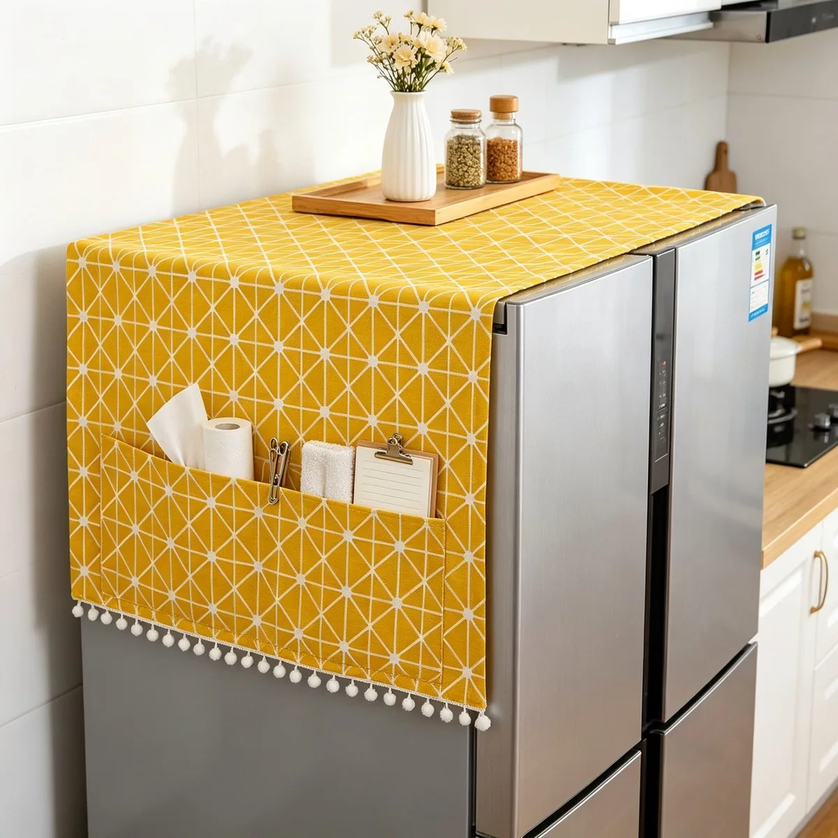 Double Door Fridge Dustproof Top Cover Washable Fridge Dust Cover Multi-Purpose Fridge Cover With Side Storage Organizer Pockets