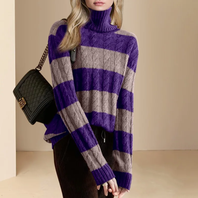 Women Vintage Elegant Elasticity Pullovers Fashion Striped Turtleneck Sweaters Autumn Winter Warm Loose Wool Knitwear